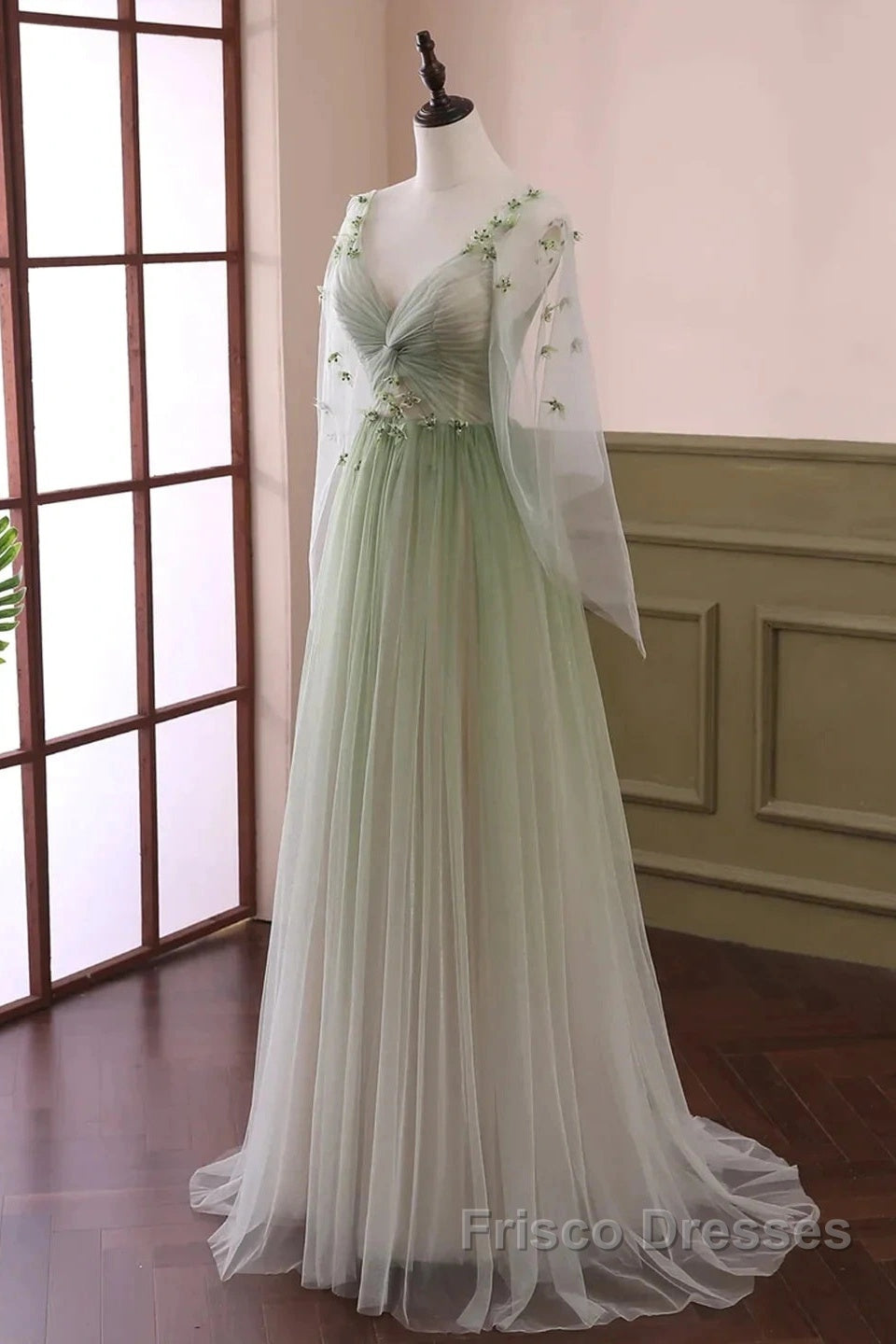 Sage Green Tulle Long Sleeve 3D Flower Formal Prom Dress