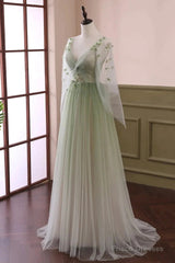 Sage Green Tulle Long Sleeve 3D Flower Prom Dress