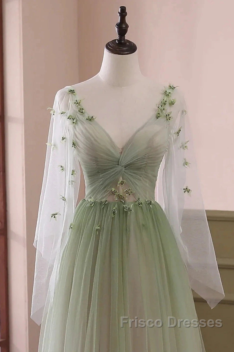 Sage Green Tulle Long Sleeve 3D Flower Formal Prom Dress