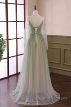 Sage Green Tulle Long Sleeve 3D Flower Formal Prom Dress