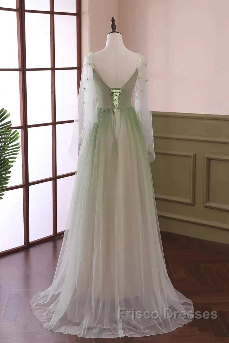 Sage Green Tulle Long Sleeve 3D Flower Formal Prom Dress