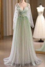 Sage Green Tulle Long Sleeve 3D Flower Formal Prom Dress