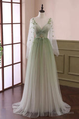Sage Green Tulle Long Sleeve 3D Flower Prom Dress