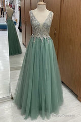 Sage Green Tulle V Neck Beaded Dresses