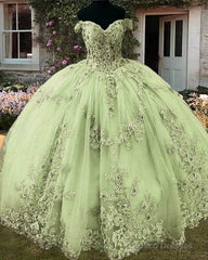 Sage Lace Off Shoulder 15 Ball Gown Dress
