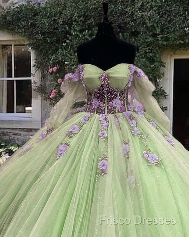 Sage Long Sleeve Ball Gown Dress With Purple Flowers Secondary image