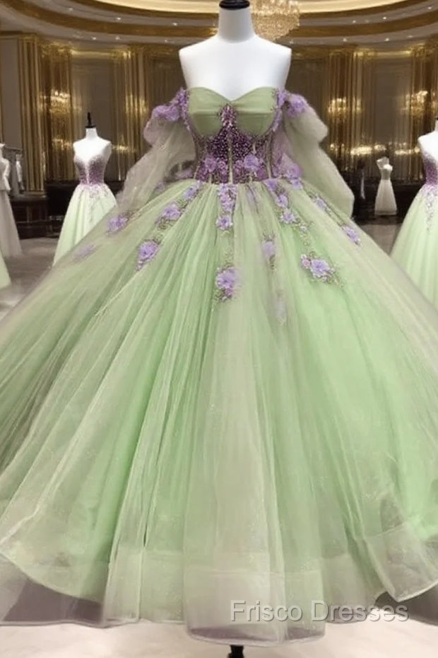 Sage Long Sleeve Ball Gown Dress With Purple Flowers