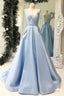Satin A Line Beading Spaghetti Straps Sky Blue Pockets Prom Dress