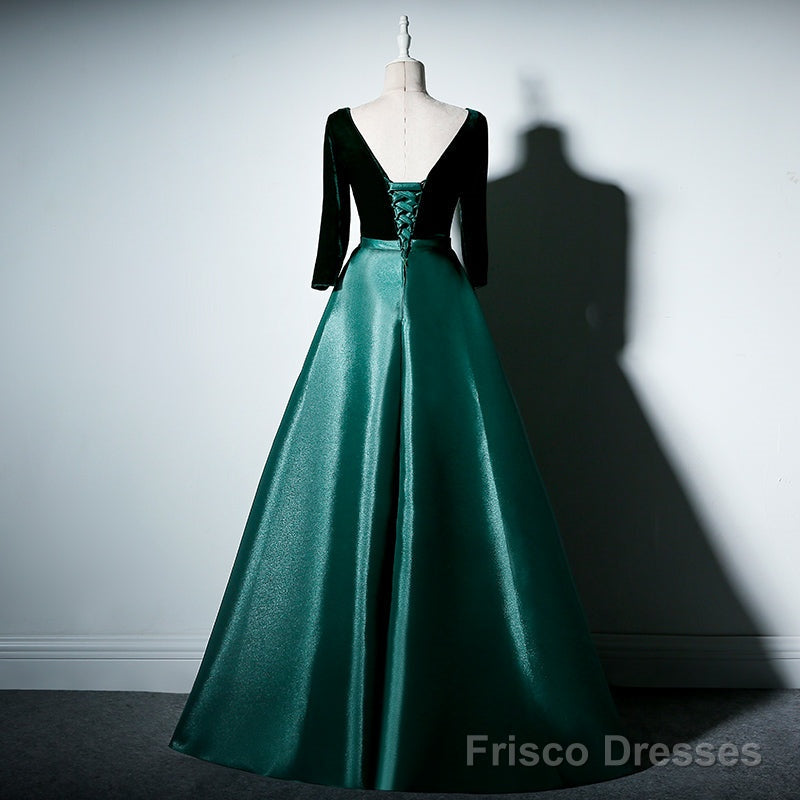 Satin and Velvet Short Sleeves Prom Dress, A-line Green Party Dress Main image