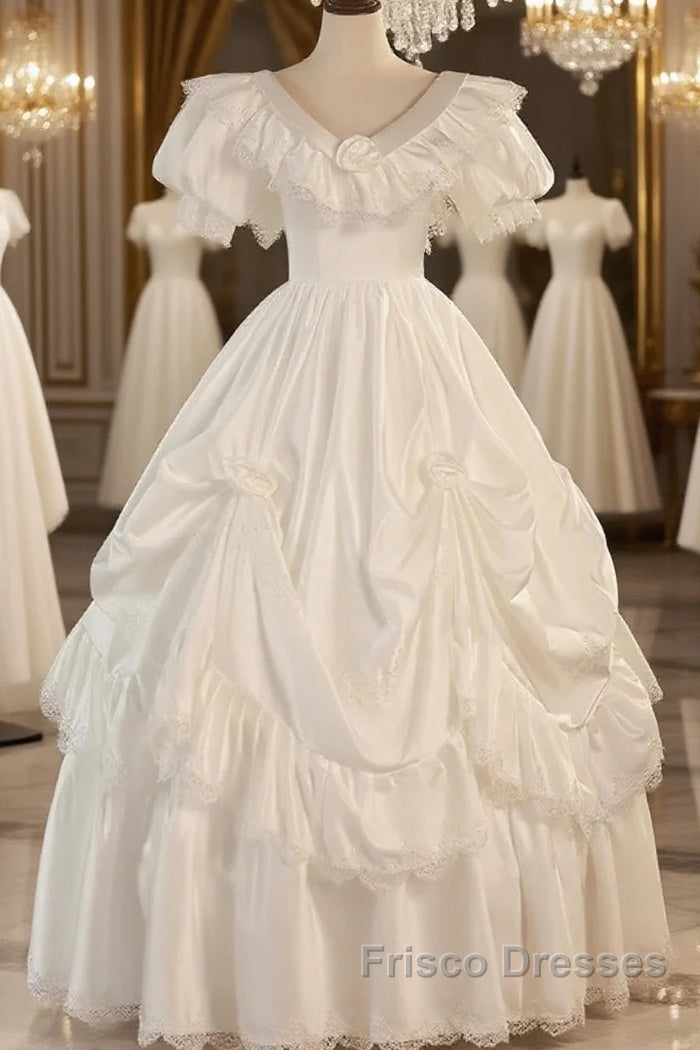 Satin Ball Gown Puffy Sleeves White V-Neck Wedding Dress Main image