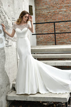 Satin Beaded Boat Neck Cap Sleeve Mermaid Wedding Dresses