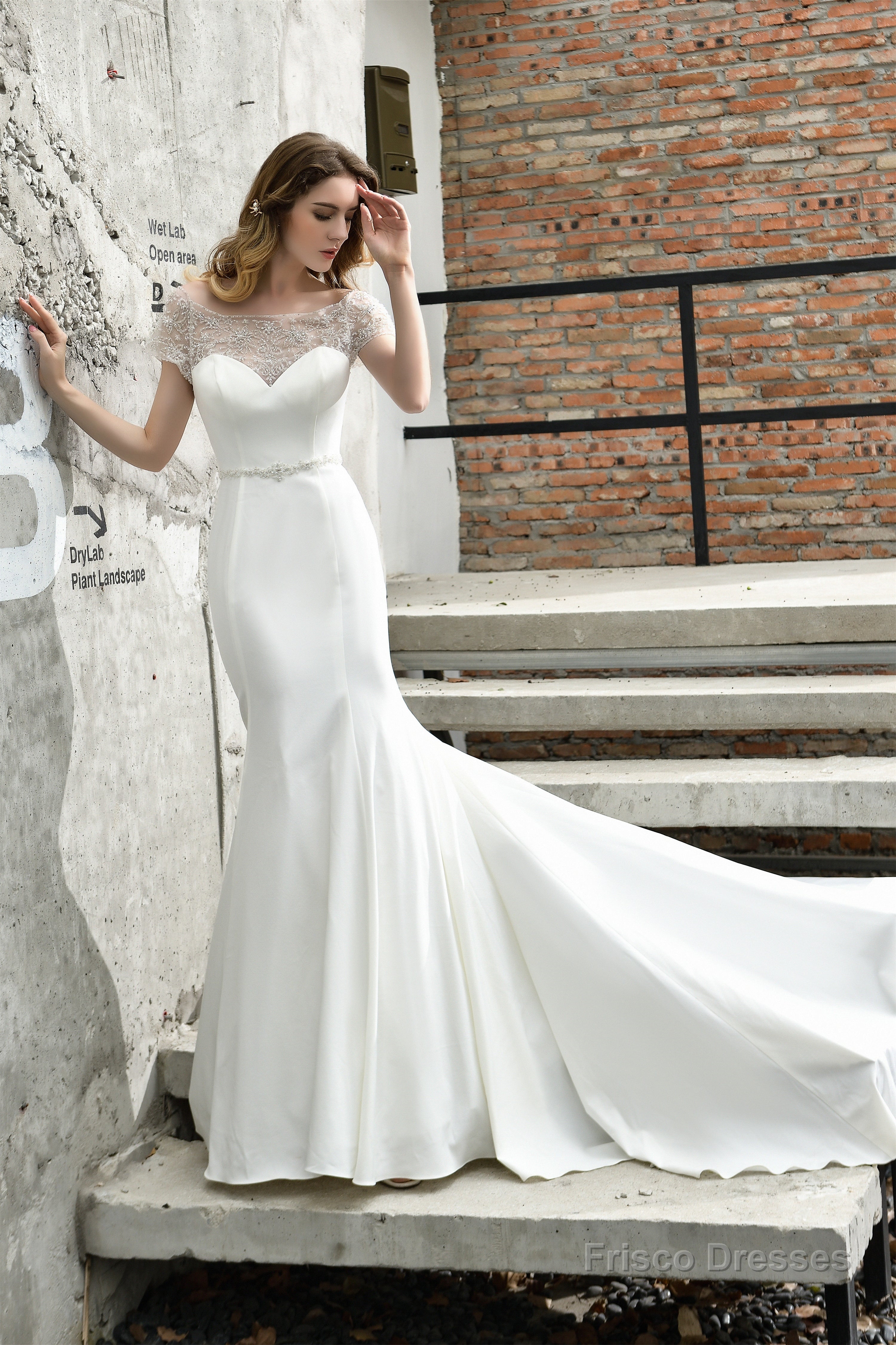 Satin Beaded Boat Neck Cap Sleeve Mermaid Wedding Dresses