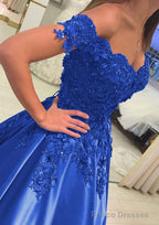 Satin Court Train A-Line/Princess Sleeveless Off-The-Shoulder Prom Dresses With Appliqued