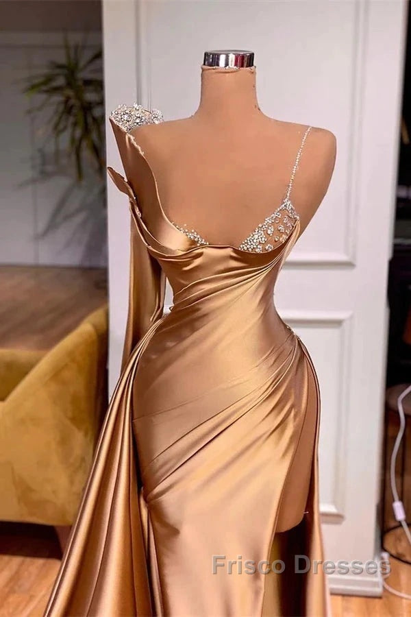 Satin Gold One Shoulder Mermaid Formal Prom Dress With Slit