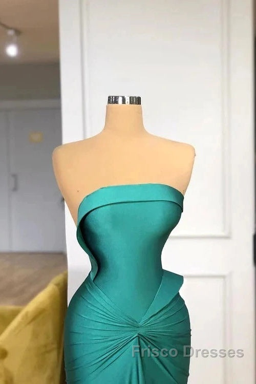 Satin Green Trumpet Mermaid Strapless Ruched Formal Prom Dress