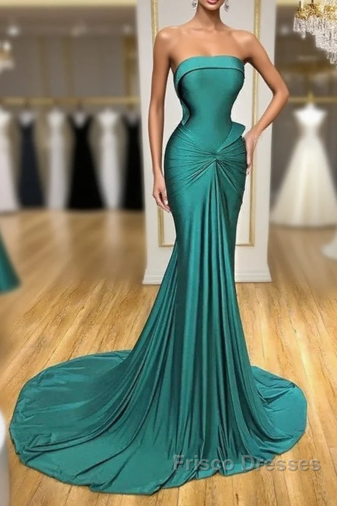 Satin Green Trumpet Mermaid Strapless Ruched Formal Prom Dress
