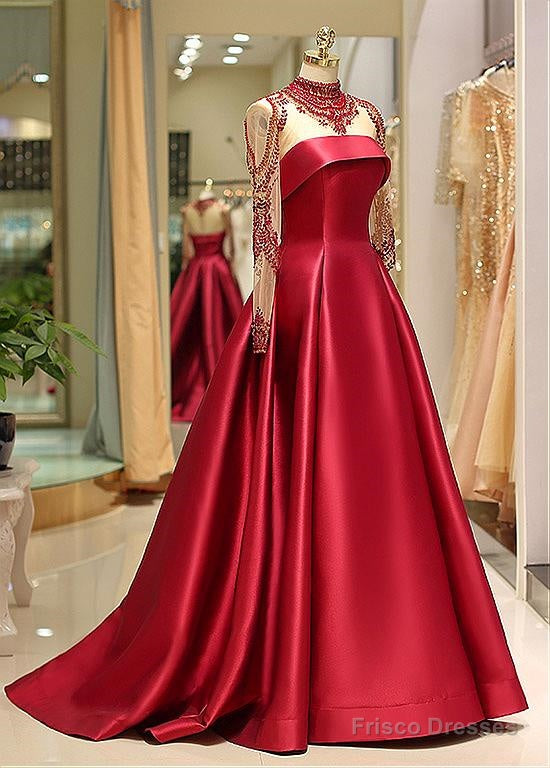 Satin High Collar Long Sleeve Beading Prom Evening Dress