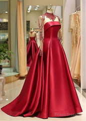 Satin High Collar Long Sleeve Beading Prom Evening Dress