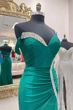 Satin Mermaid Asymmetrical Green Prom Dress With Slit