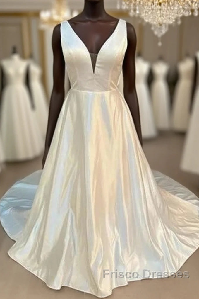 Satin Plunging Neck Bow-Back A-Line Long Wedding Dress Main image
