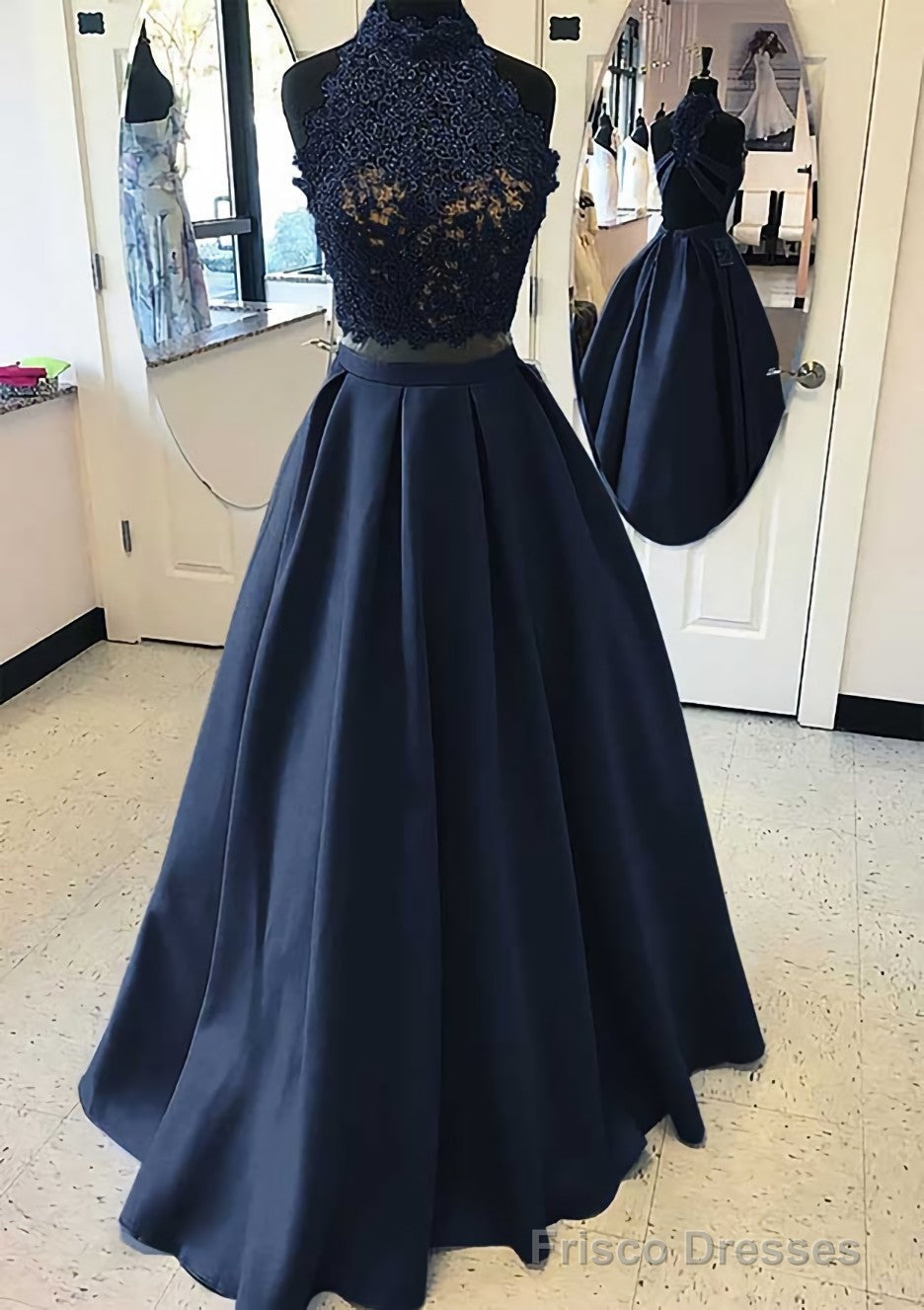 Satin Prom Dresses A-Line/Princess High-Neck Long/Floor-Length With Lace Secondary image