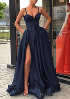 Satin Prom Dresses A-line/Princess Long/Floor-Length Sleeveless With Split Pockets