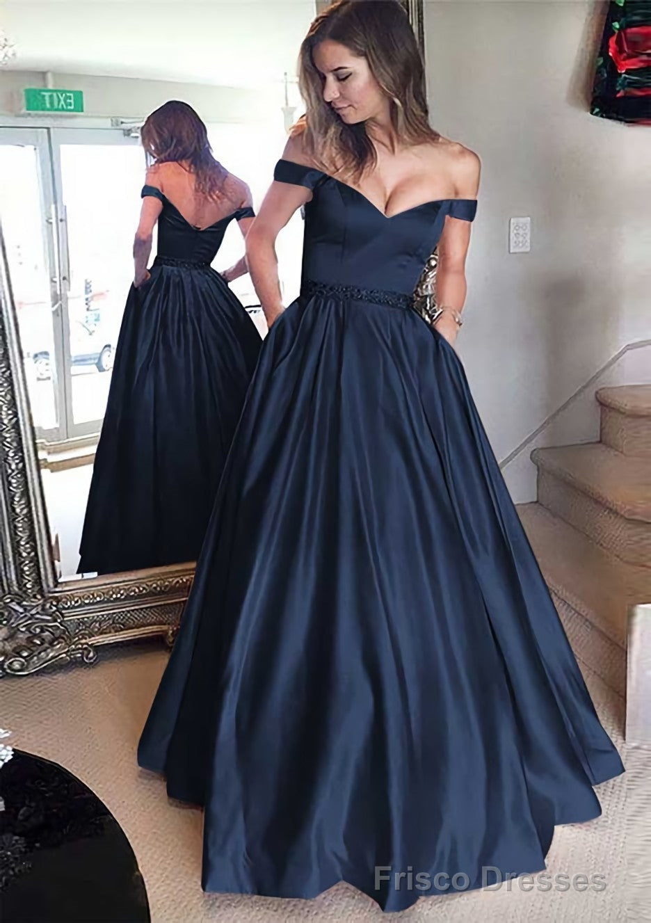 Satin Prom Dresses A-Line/Princess Off-The-Shoulder Long/Floor-Length With Beaded Secondary image