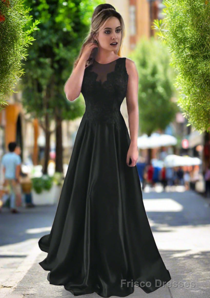 Satin Prom Dresses A-Line/Princess Scoop Neck Sweep Train With Appliqued