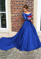 Satin Prom Dresses Ball Gown V-Neck Cathedral Train With Lace
