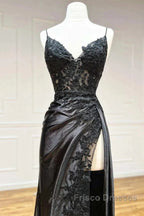 Satin Sheath Column Black Spaghetti Strap Formal Prom Dress With Slit