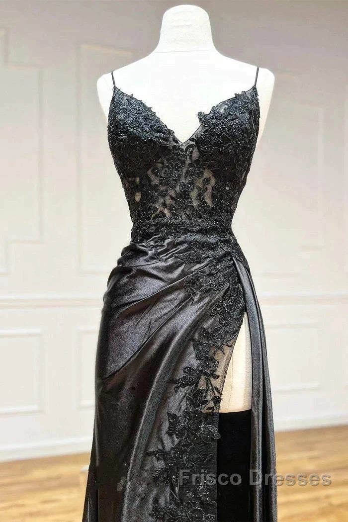Satin Sheath Column Black Spaghetti Strap Formal Prom Dress With Slit