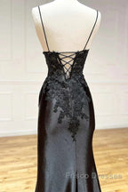 Satin Sheath Column Black Spaghetti Strap Formal Prom Dress With Slit