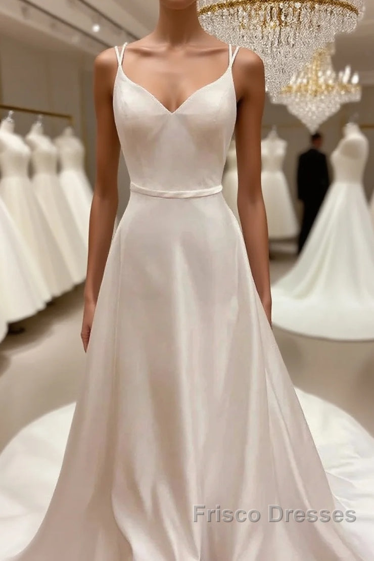 Satin Spaghetti Straps Backless Long Wedding Dress Main image