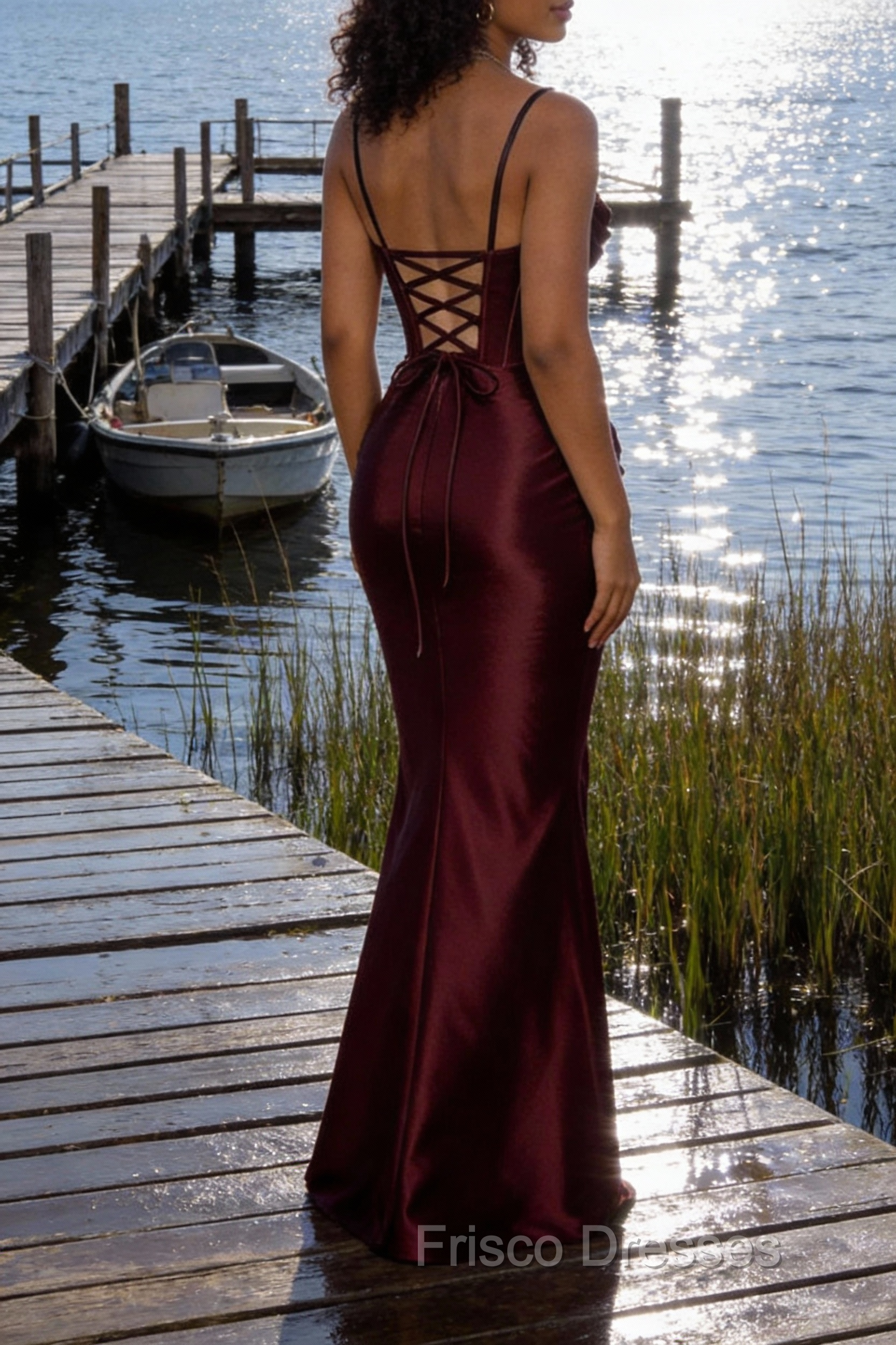 Satin Spaghetti Straps Burgundy Prom Dress with Corset
