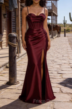 Satin Spaghetti Straps Burgundy Prom Dress with Corset