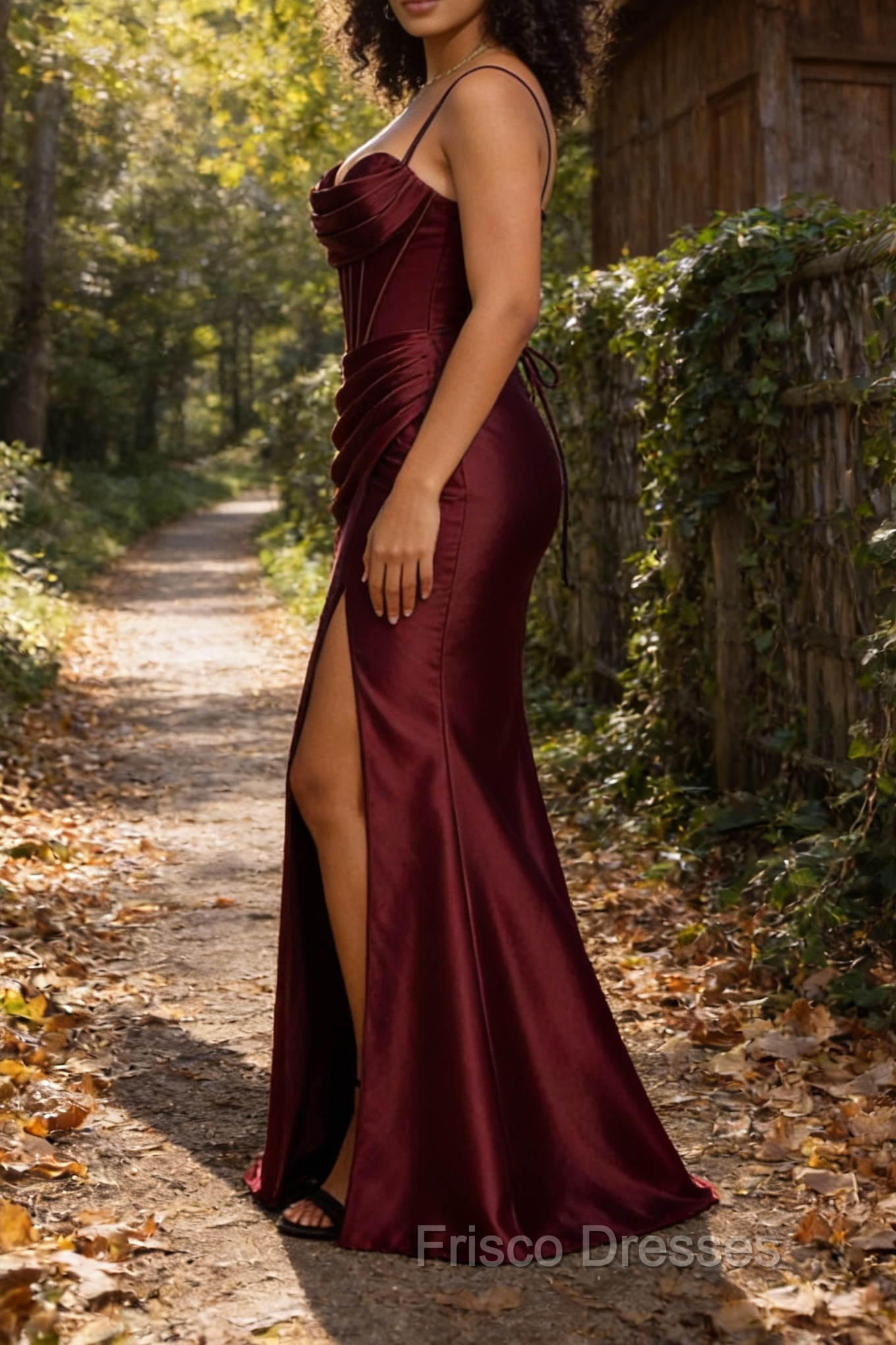 Satin Spaghetti Straps Burgundy Prom Dress with Corset