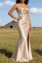 Satin Spaghetti Straps Champagne Prom Dress with Corset