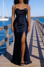 Satin Spaghetti Straps Dark Navy Prom Dress with Corset