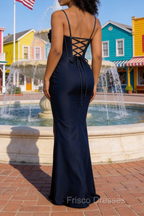 Satin Spaghetti Straps Dark Navy Prom Dress with Corset
