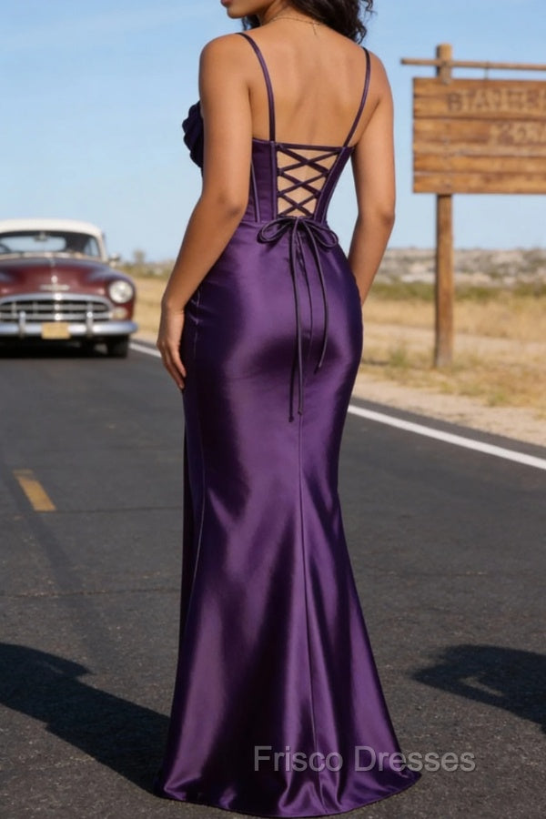 Satin Spaghetti Straps Purple Prom Dress with Corset