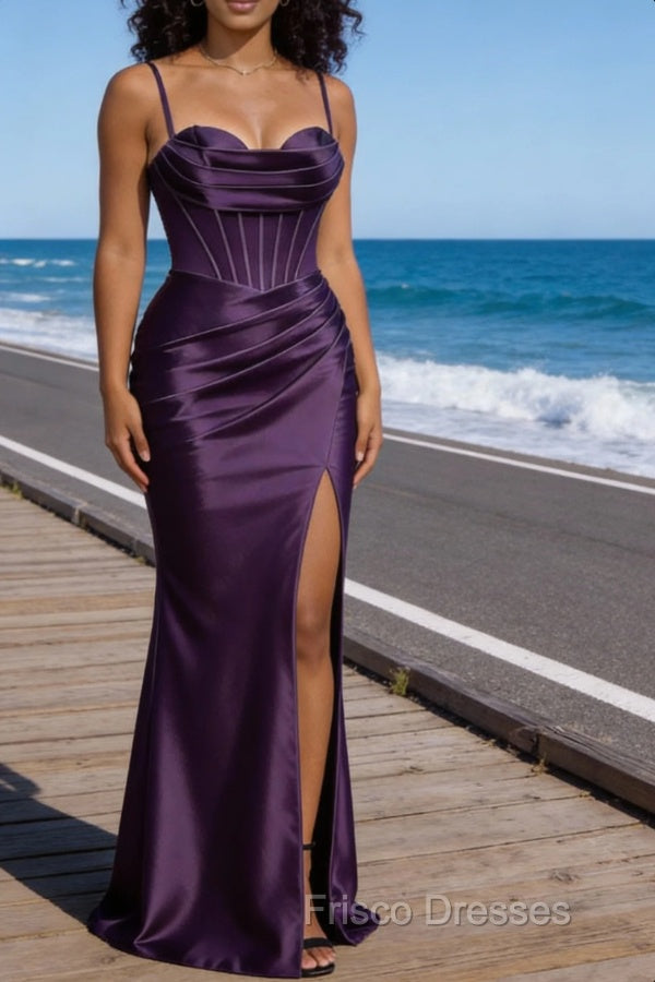 Satin Spaghetti Straps Purple Prom Dress with Corset