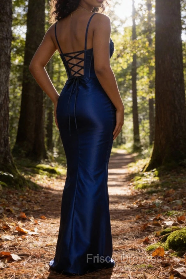Satin Spaghetti Straps Royal Blue Prom Dress with Corset