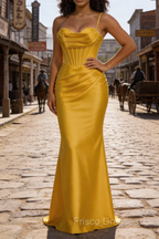 Satin Spaghetti Straps Yellow Prom Dress with Corset
