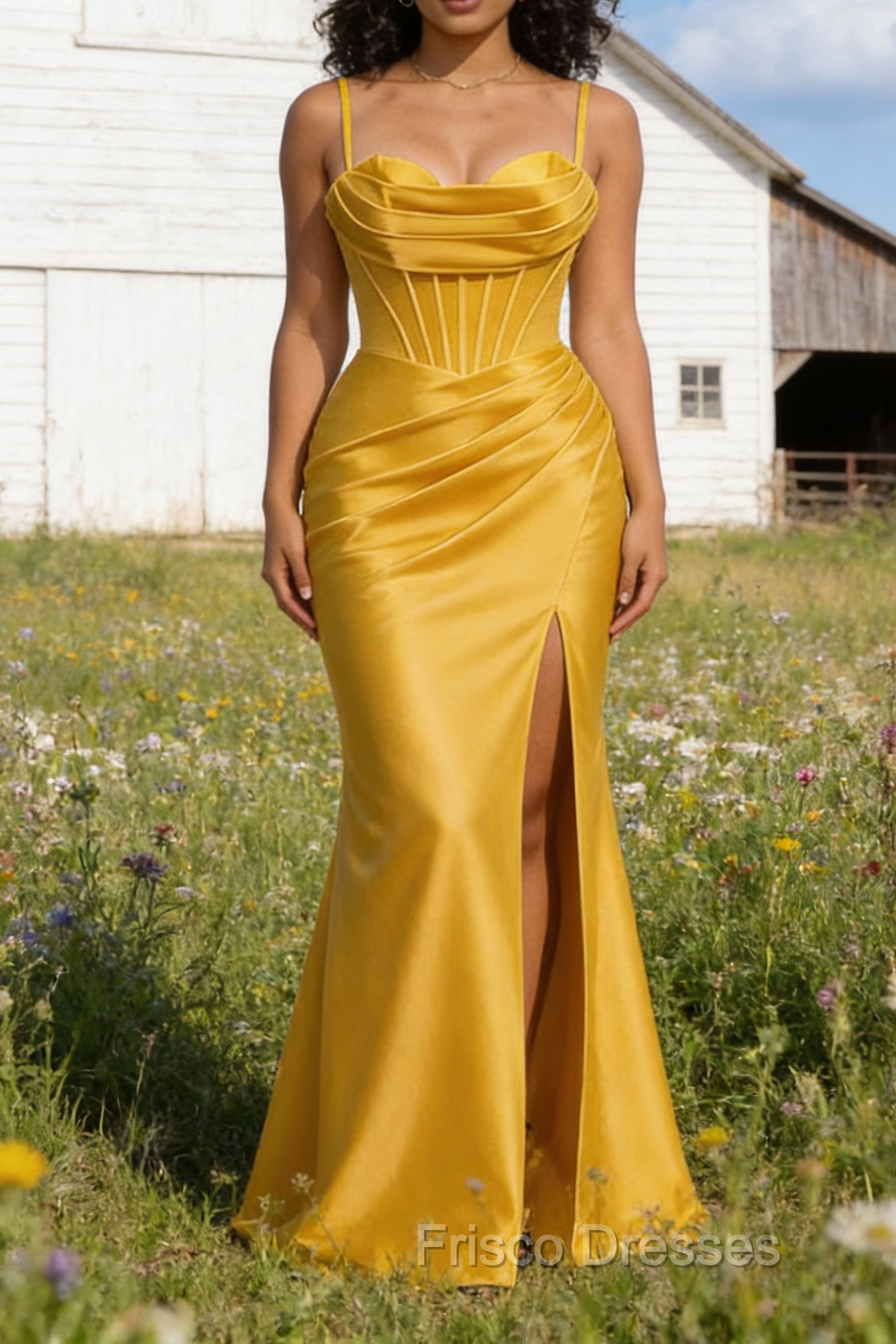 Satin Spaghetti Straps Yellow Prom Dress with Corset