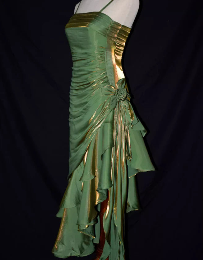 Green Retro Fashion Spaghetti Straps Long Irregular Ruffle Elegant Satin Ball Gown, Evening Dress, Party Dress
