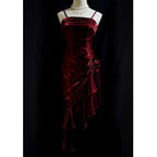 Green Retro Fashion Spaghetti Straps Long Irregular Ruffle Elegant Satin Ball Gown, Evening Dress, Party Dress