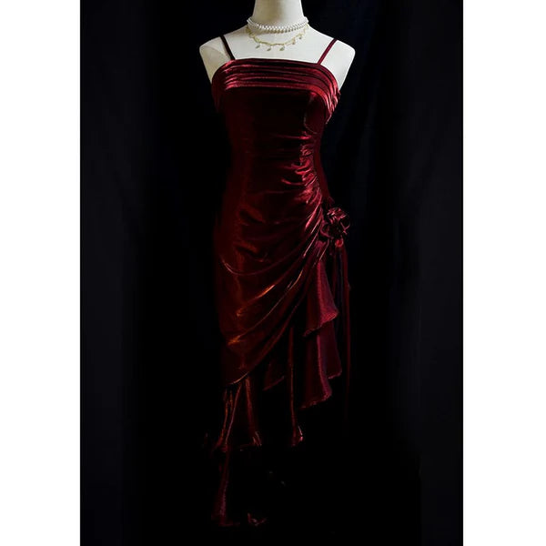Green Retro Fashion Spaghetti Straps Long Irregular Ruffle Elegant Satin Ball Gown, Evening Dress, Party Dress
