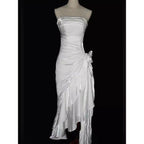 Green Retro Fashion Spaghetti Straps Long Irregular Ruffle Elegant Satin Ball Gown, Evening Dress, Party Dress