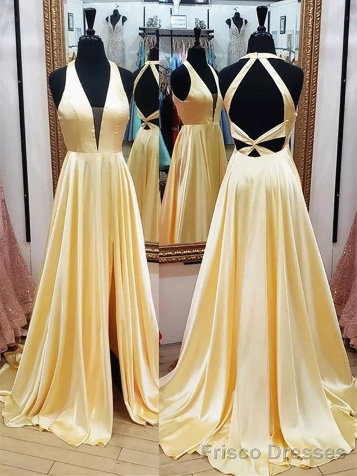 Satin Yellow Celebrity Prom Dress With Plunging V-Neckline Main image