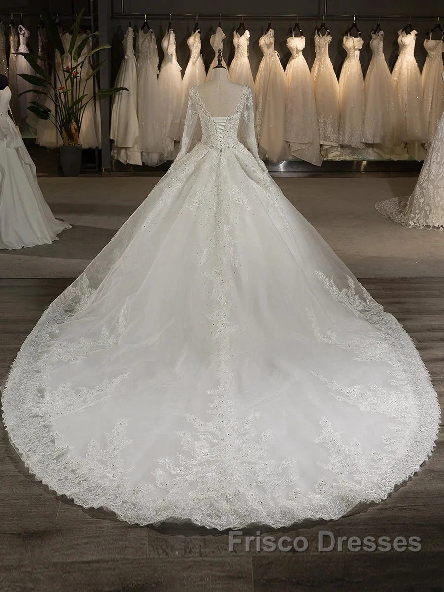 Scoop Long Sleeves Tulle Applique With Beading Chapel Train Ball Gown Wedding Dress Secondary image
